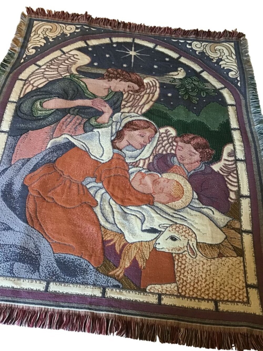 Guardian Angel Woven Tapestry Fringed Edges Vintage Throw Blanket 50 x 62